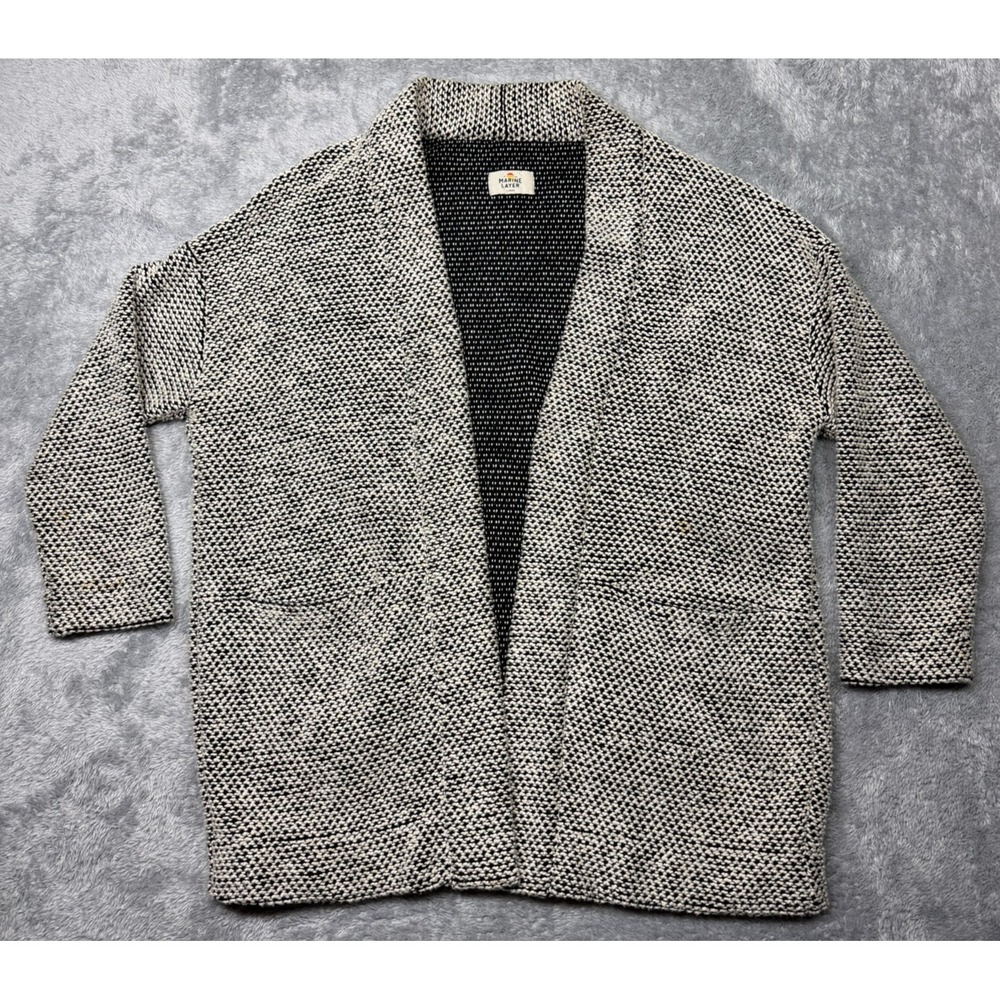 Marine Layer Birdseye Cardigan Sweater Large White Black Cotton Knit Open Front
